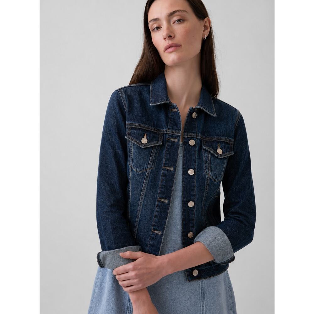 NWT Gap Denim Trucker Icon Jacket Womens L Dark Wash Classic Button Front $69.95